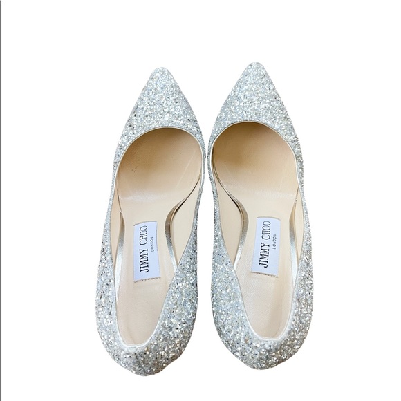 Jimmy Choo Romy 85 Silver Coarse Glitter High Heel Pointed Toe Pumps 37.5 - Picture 9 of 12